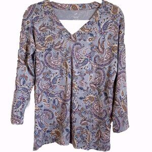 J. Jill Simply Supima V-Neck Womens XSP Gray Paisley Top Soft Boho Casual